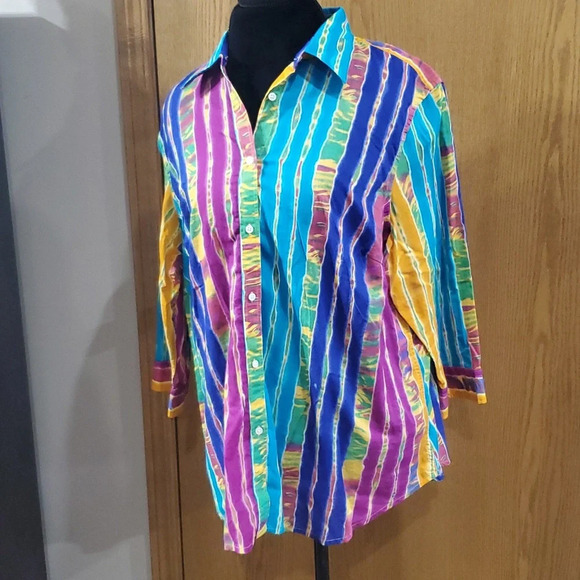 Lauren Ralph Lauren multicolored batik 3/4 sleeve cotton button up shirt - Picture 2 of 5